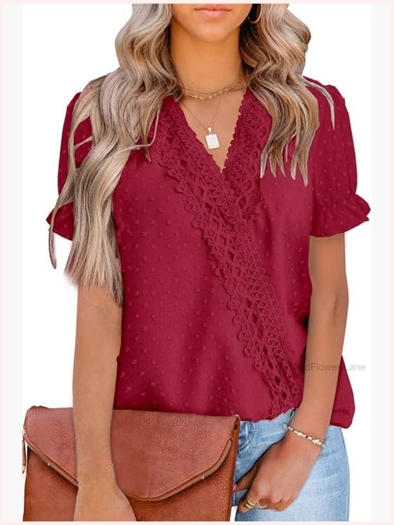 V Neck Chiffon Blouse Puff Sleeve Lace Top Dressy Casual Shirt